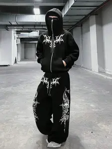 Gothic Casual Sportswear Set – Edgy Streetwear Essential for Y2K & Grunge Aesthetic, Perfect for Bold Casual Outfits with Intricate White Metal-Inspired Graphics on Zip-Up Hoodie and Oversized Sweatpants, Sweatsuit Sets, Hooded Tracksuit