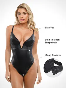 Popilush Elastic Deep V-Neck Leather Shapewear Thong Bodysuit  Adjustable Soft Breathable Fabric