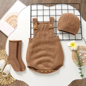 Cozy Baby Knitwear Set, 3PCS Sleeveless Romper + Beanie + Socks, Cute Warm Outfit for Newborn Photoshoot & Daily Wear, Multiple Colors Baby Clothing Cap