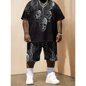 Plus Size Men's Streetwear Skull Pattern Print Casual Short Sleeve Shorts Set, PLUS SIZE