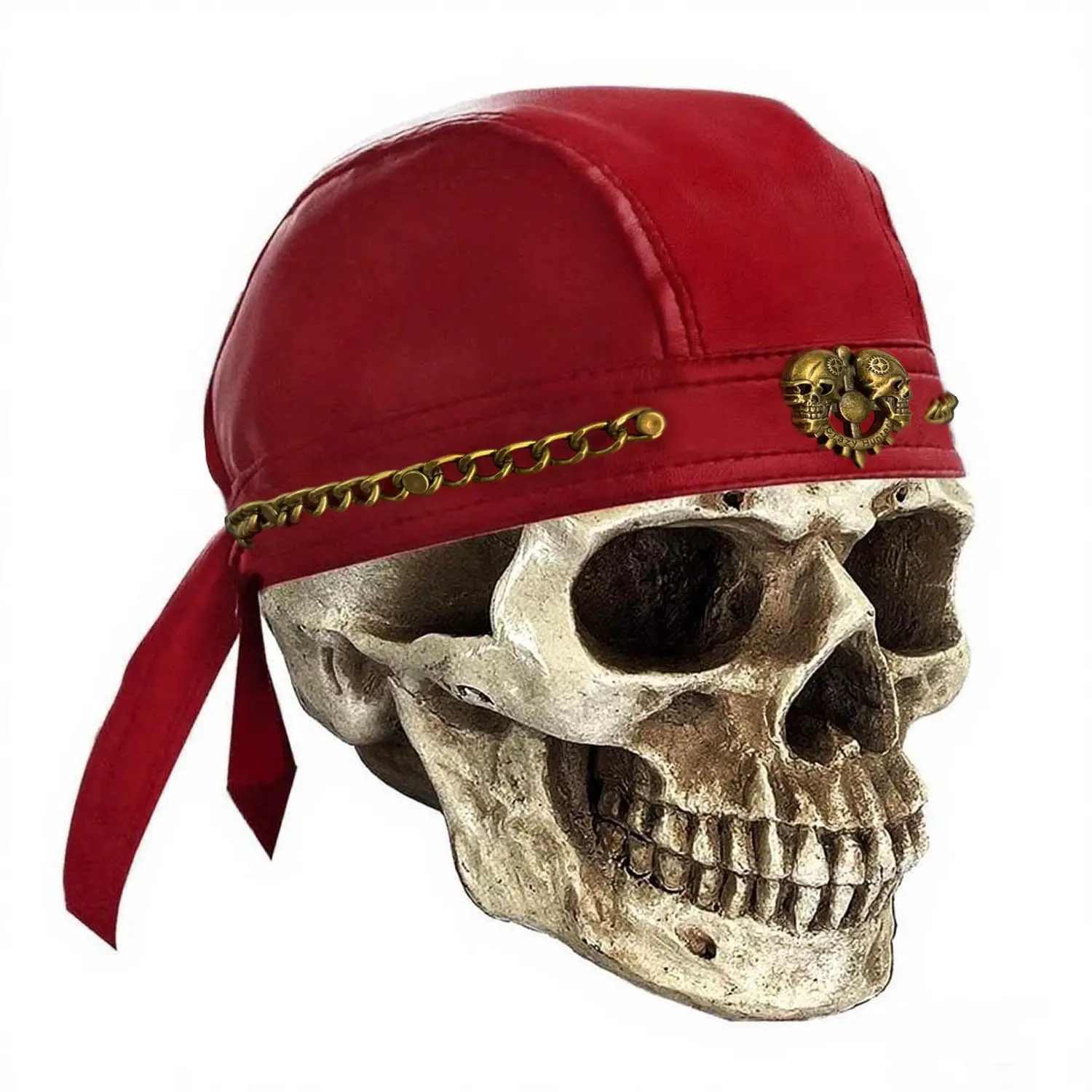 Vintage Skull Chain Adjustable Hat - Breathable Cycling Bandana Doo Rag, Metal-Leather Red Fashion Accessory Scarf