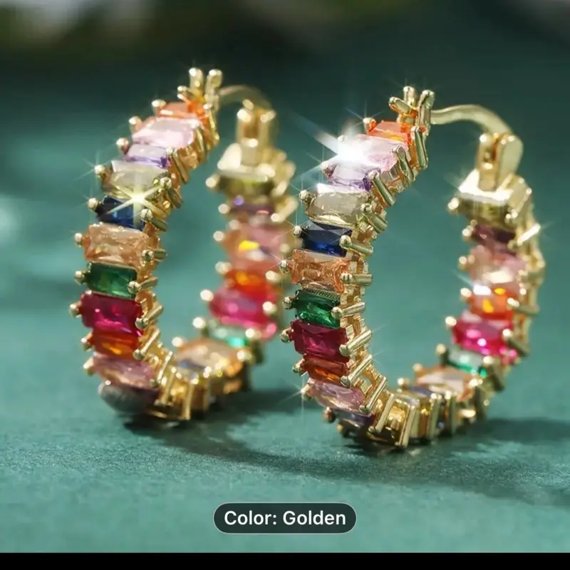 Multi Golden Hoop Earrings with Colorful Gemstones for Women's Fashion Jewelry