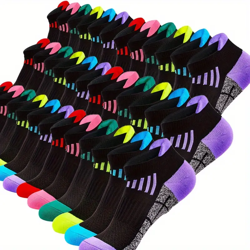 Women's Multicolor Athletic Socks - Short Tube Low-Cut Compression Ankle Socks, Cushioned, Breathable, Anti-Slip, Antichafe, Comfy (18/30/48 Pairs) for Running, Hiking, Coloured Ankle Socks