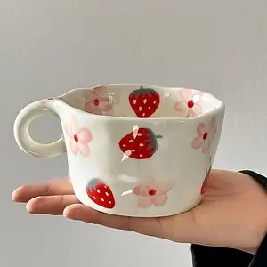 Creative Strawberry Pattern Ceramic Coffee Mug - Reusable Tumbler for Home Office, Ideal Valentine's Day & Graduation Gift for Girlfriend, Art Design Drinkware, Ceramic Mugs