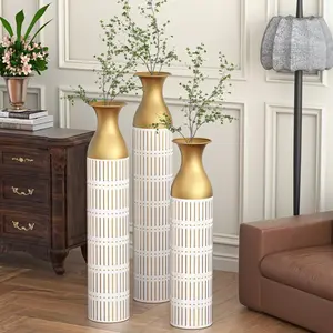 White Floor Vases, Metal Cylinder Vases Large Decorative Vases Floor Standing Vintage Big Vases Set of 3 Gorgeous Home Decoration Large Glazed Metal Vases 24in/28.7in/33.5in Height Decorative Geometric Ornaments