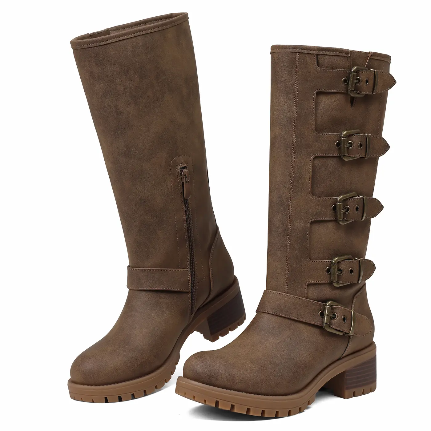 AOSPHIRAYLIAN Women's Faux Leather Buckle Strap Mid-Calf Moto Boots - Block Heel, Multi-Color Footwear with Fine Stitching, Vintage Retro Charm for Biker Themed Events (Black, Brown, Tan) Fall Shoes