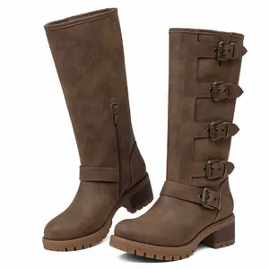 AOSPHIRAYLIAN Multi Color Faux Leather Buckle Strap Mid Calf Moto Boots for Women Block Heel Biker Boots in Black Brown Tan Vintage Inspired Retro Charm fall shoe shopping