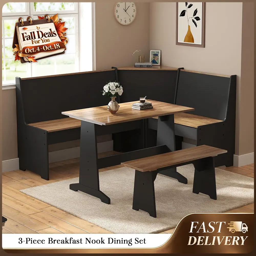 [Ships in 2 Boxes] AMERLIFE 3-Piece Breakfast Nook Dining Set, L-Shaped Corner Bench with Hidden Storage, Space-Saving Kitchen Table Set for Small Spaces/Best Gift Ideas/Christmas Gifts/Cozy Home
