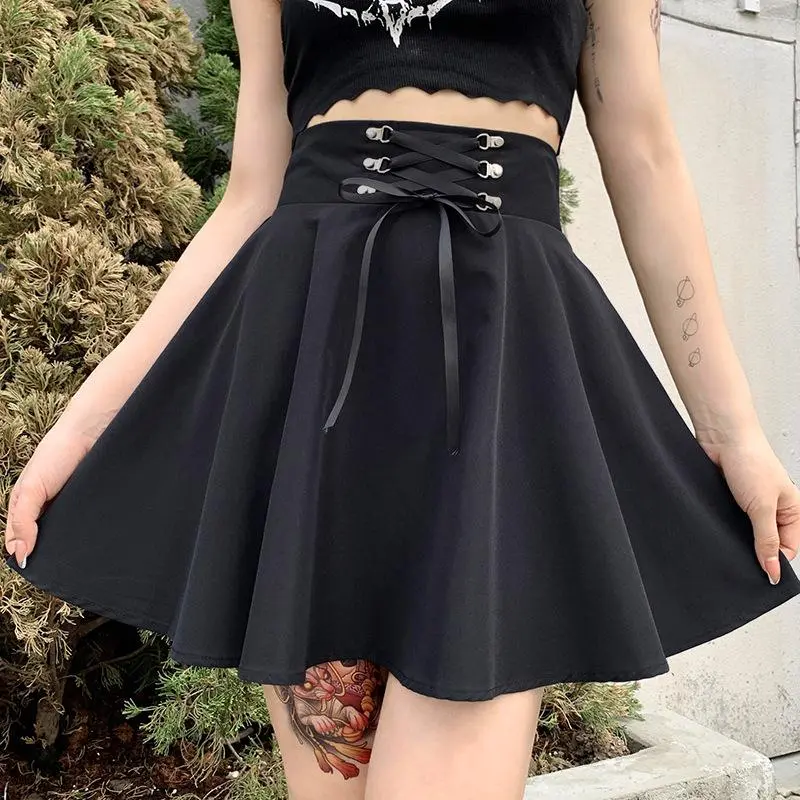 FICHOR Black Checkered Women's Gothic Skirt Women Pleated Spring Autumn Girl Hip Hop Female Punk Goth Mini Skirt Clubwear