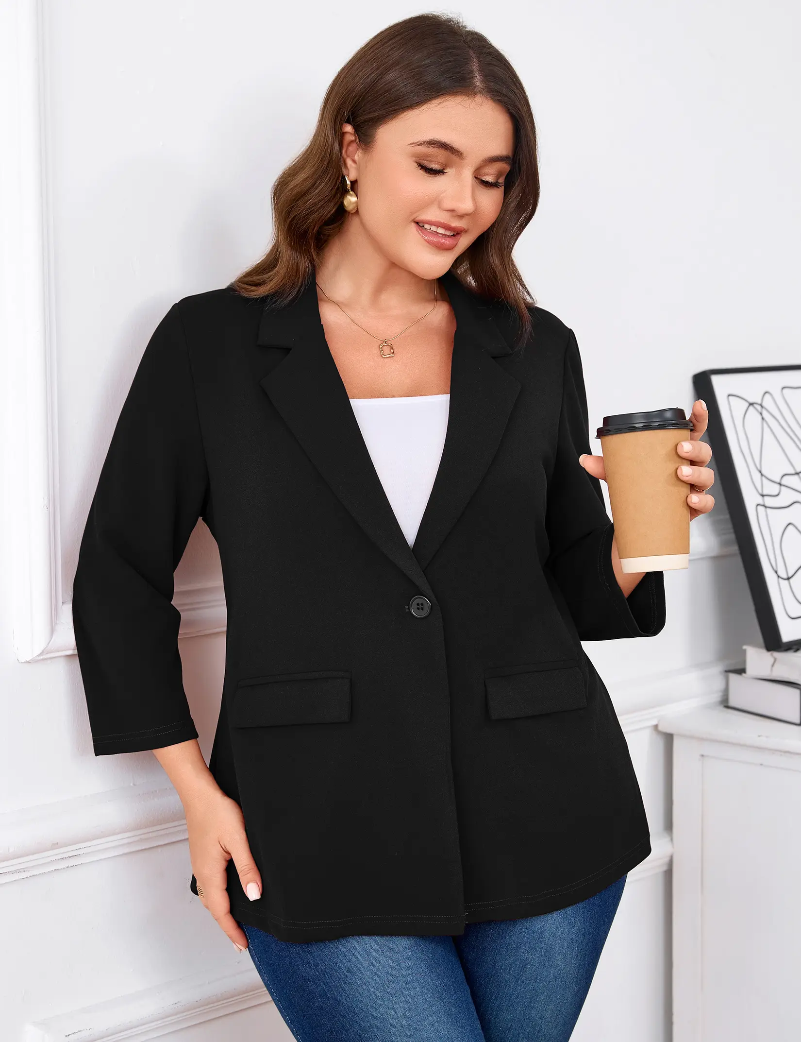 YESFASHION Women's Plus Size Relaxed Fit Blazer - 3/4 Sleeve, Notch Lapel, Single Button, Polyester-Elastane, 5XL, Casual Evening Chic Office Work Wear, Open Front Layering Outerwear for Spring Fall (Khaki, Wine, Dark Green Solid) XYZ