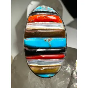 Navajo ring cobblestone turquoise onyx coral mop size 10.25 sterling silver women men