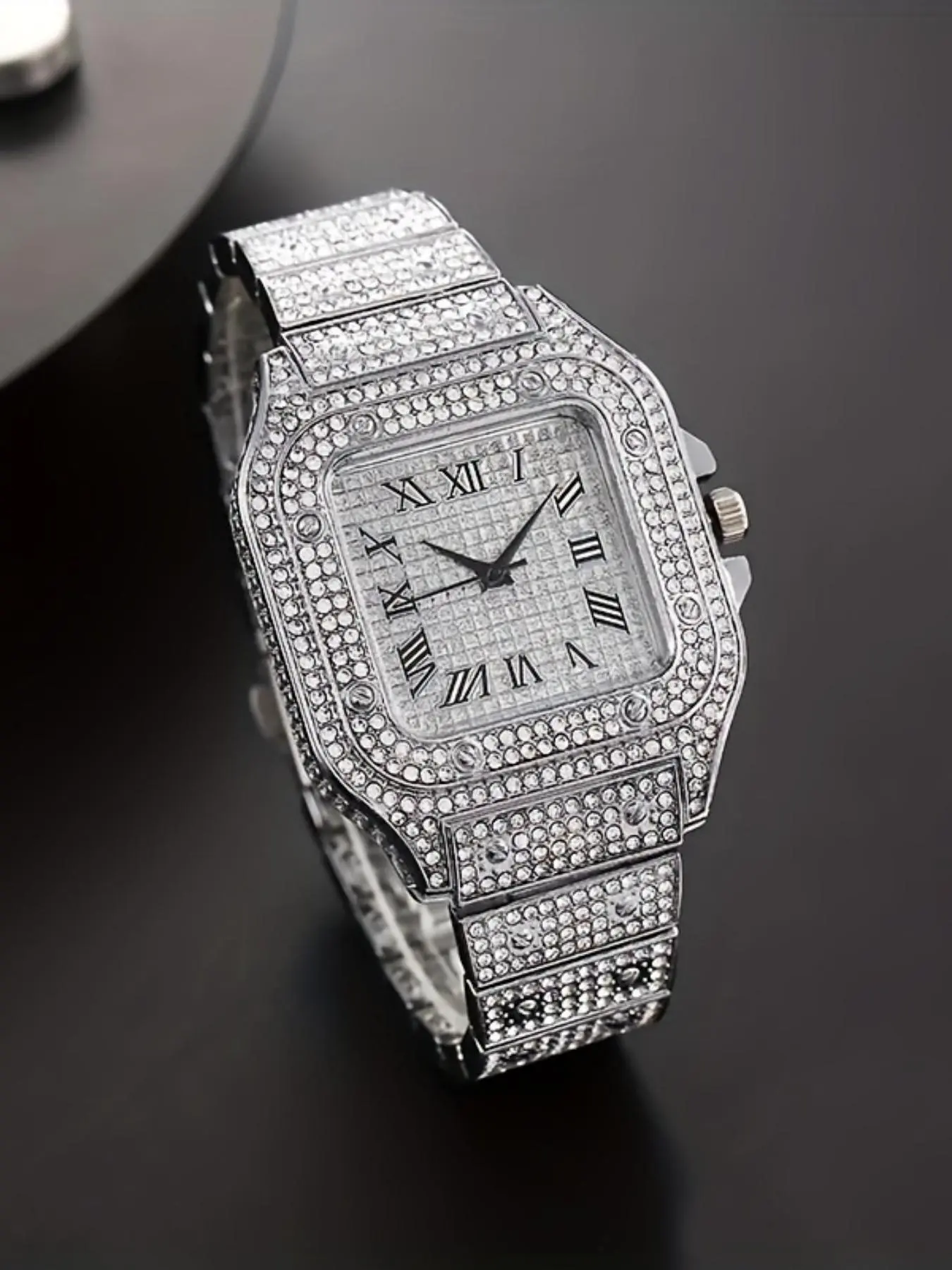 A square-shaped men's quartz watch featuring a starry sky design on the dial, stainless steel strap, diamond embellishments, and Roman numerals.
