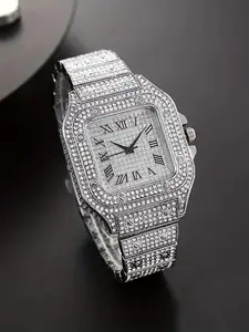 A square-shaped men's quartz watch featuring a starry sky design on the dial, stainless steel strap, diamond embellishments, and Roman numerals.