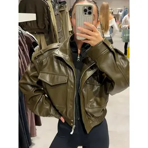 Women’s bomber jacket, faux leather, short length, mid-season, long sleeves, available in green and black; biker zip-up jacket; street cropped jacket; aviator/pilot jacket GARMENTARY