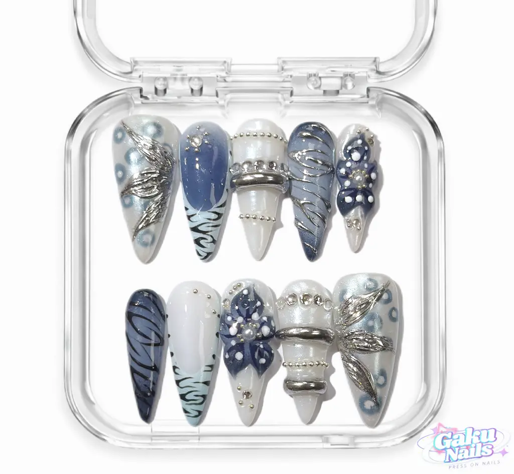 GakuNails ARCTIC SWIRL Press On False Nails - 10PCS Long Stiletto Preformed Gel Tips, Floral Blue Bangle Leopard Print, Handmade 3D Flower Builder Gel, Selectable Sizes, Reusable Nail Art Extensions with Flower Accents Press, On False Nails Flower Accents