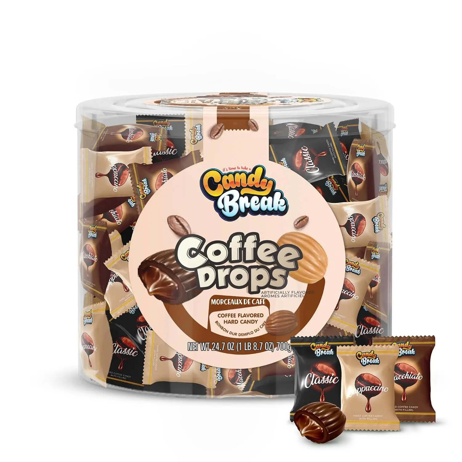 Candy Break Center Filled Coffee Hard Candy 700g (24.7 oz) Variety Pack - Espresso, Cappuccino & Macchiato Caffeine Sweets