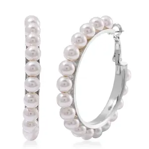 Shop LC White Shell Pearl Hoop Earrings in Stainless Steel