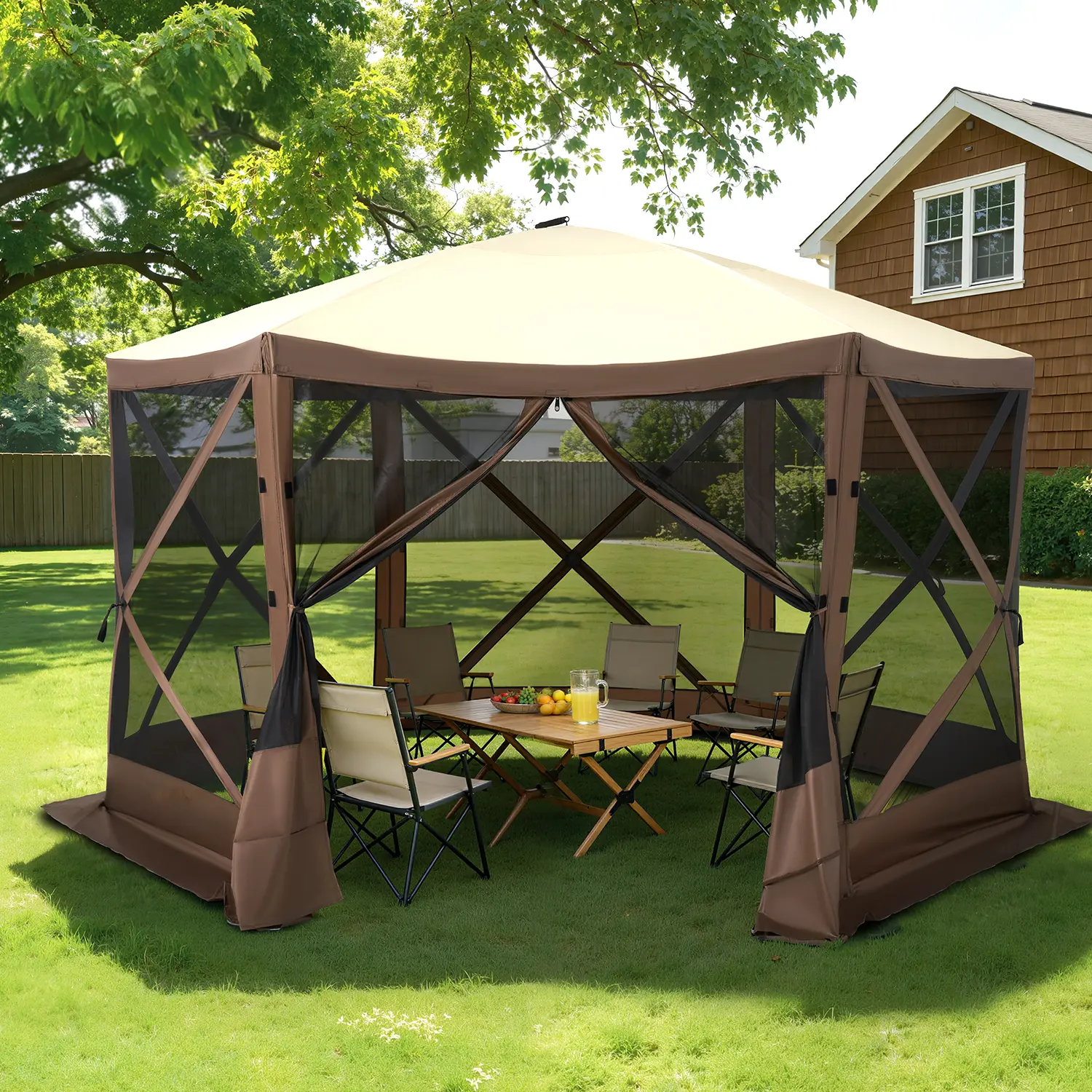 Aoxun  Pop Up Gazebo Screen Tent, 6-Sided Canopy Tent with Carry Bag and Stakes, Screen House Sun Shelter Tents for Camping, Backyard, Patio, Lawn, Brown