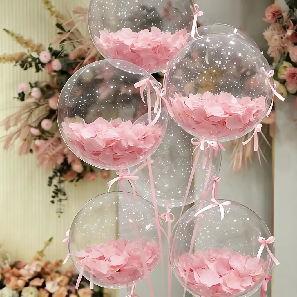 6-piece set of pink bow party balloons, Balloon Decorations Kit, including 6 18 inch bobballs, 300pcs pink petals, 1 roll of pink ribbon, 1 roll of adhesive dots, suitable for weddings, birthday parties, baby showers, etc