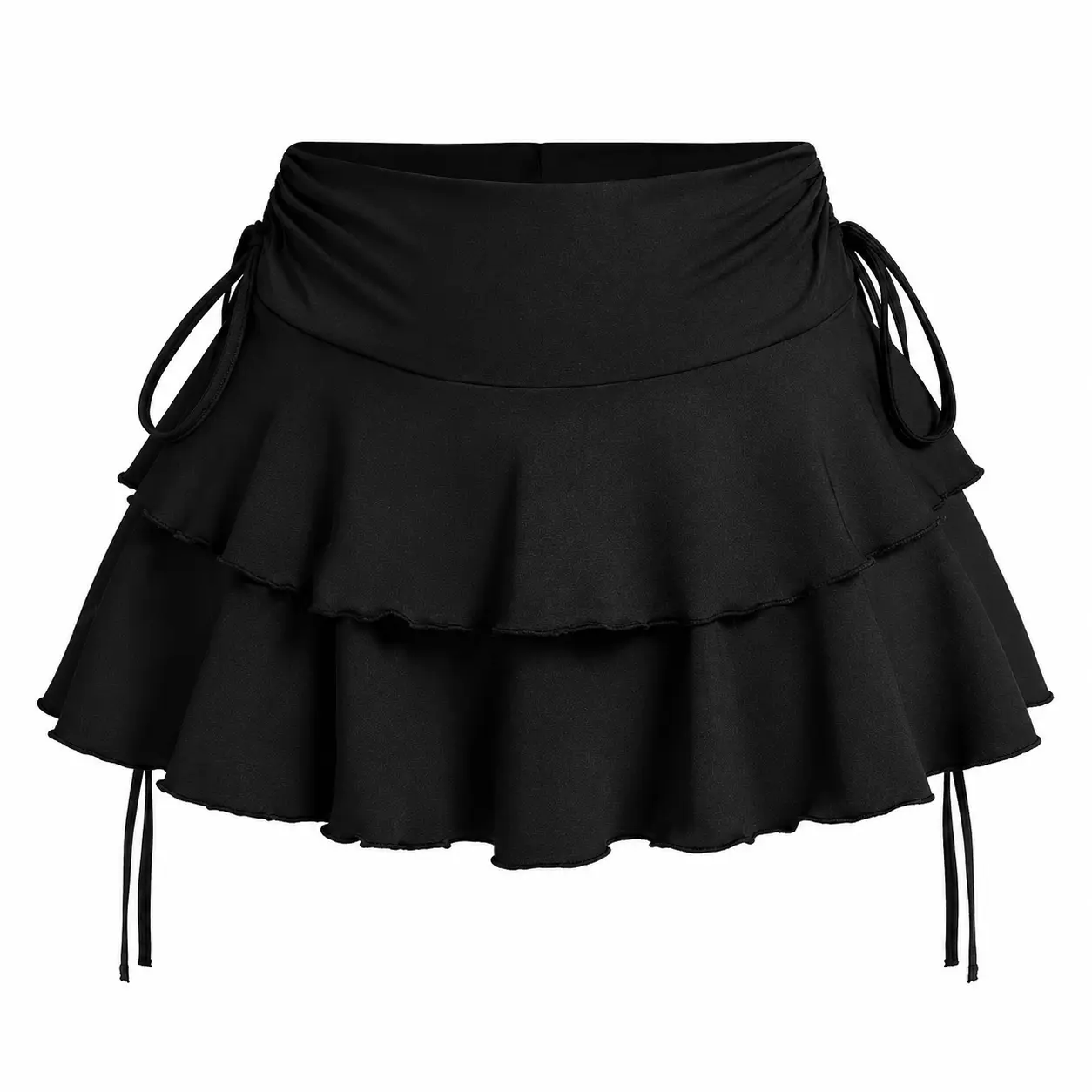 Women's Solid Lettuce Trim Tiered Layer Ruffle Hem Fitted Skirt, Elegant Tie Side Mini Casual Skirt, Women's Bottoms for Daily Wear, Womenswear Feminine, Fitted Cut Skirt