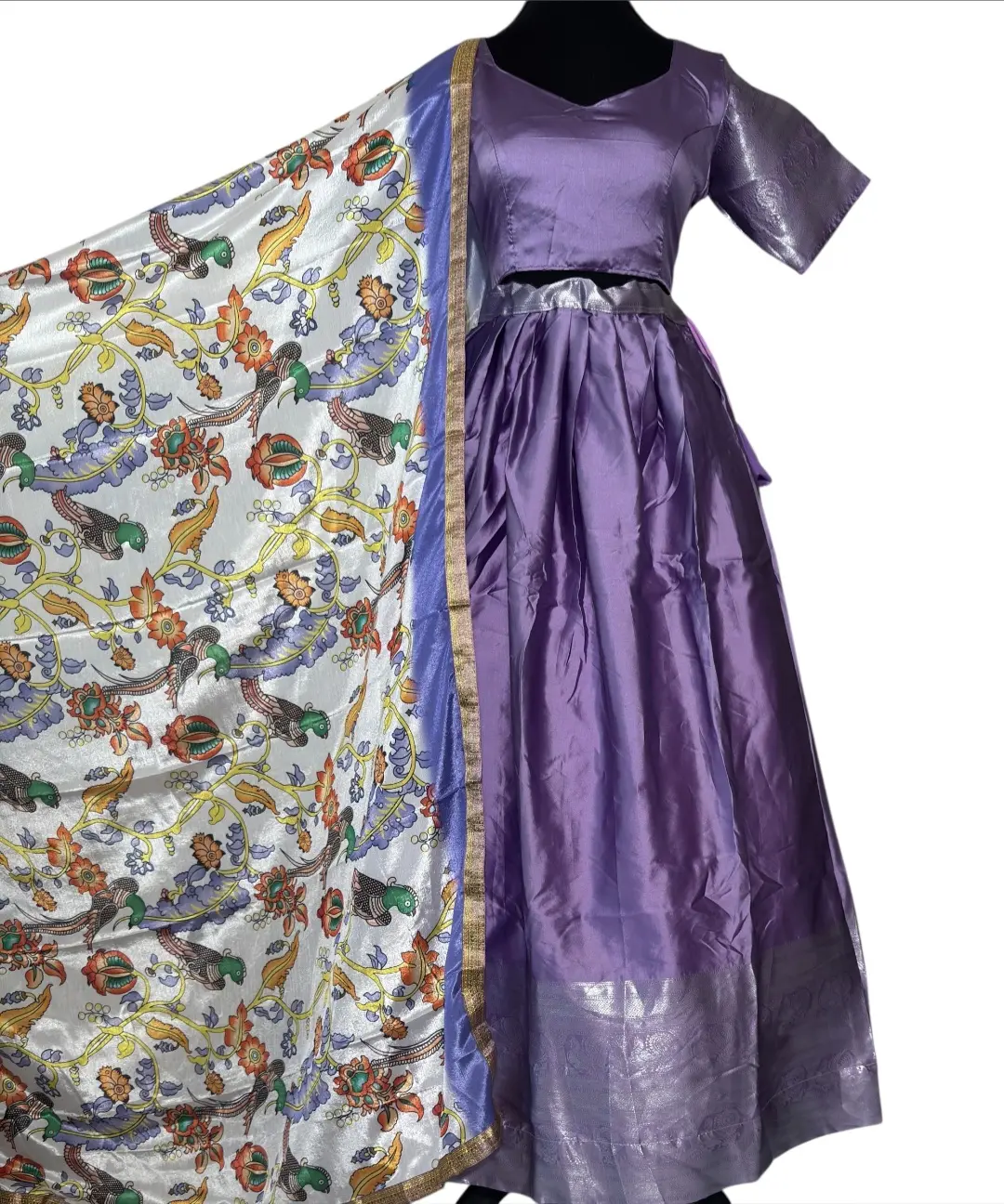 Traditional Purple Kalamkari Printed Half Saree with Floral & Bird Motif Dupatta for Festive Occasions