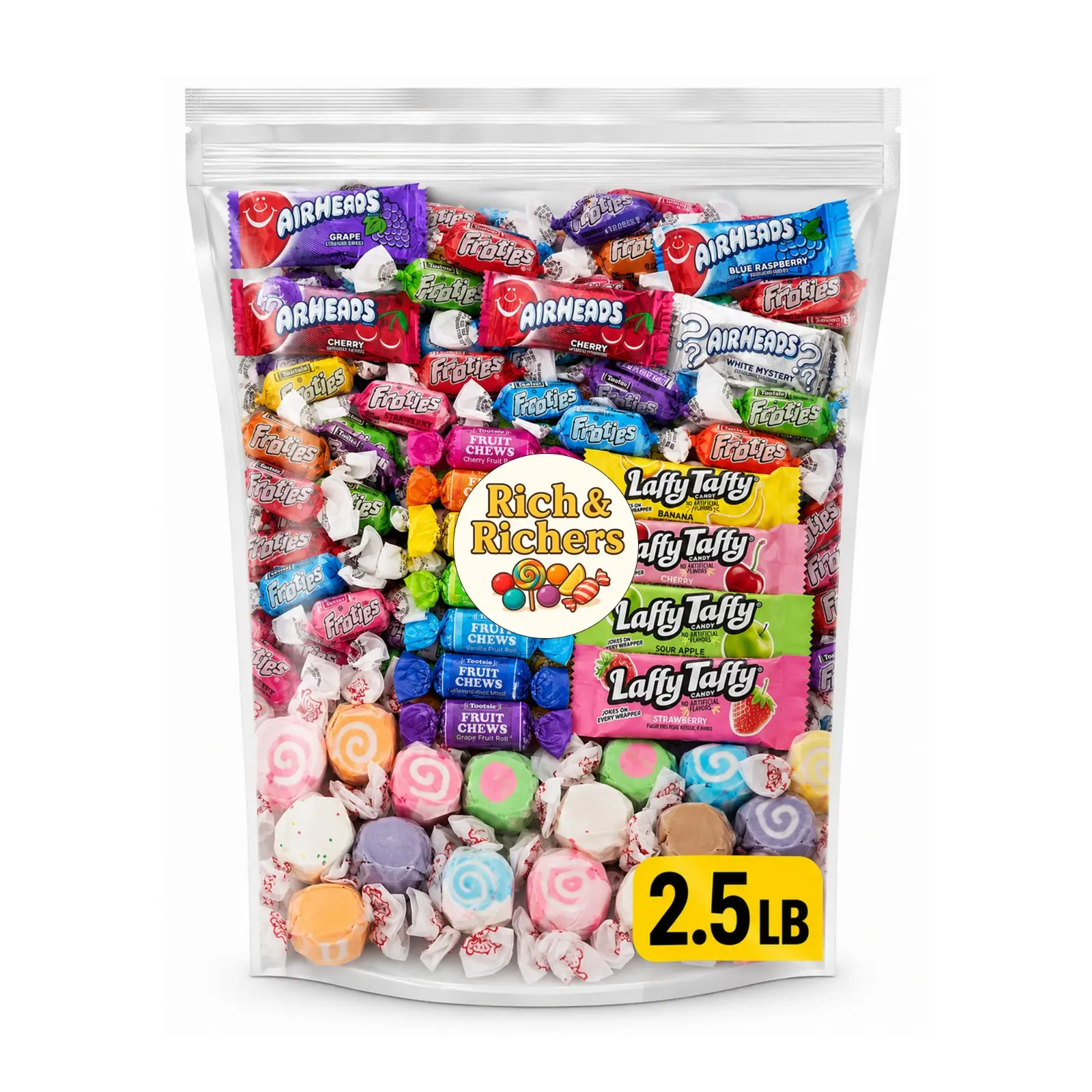 Bulk Candy Assorted Chewy Candy Variety Pack 40oz Mega Mix Airheads Laffy Taffy Tootsie Fruit Chews Frooties Taffy Town Salt Water Taffy, Party Piñata Goodie Bag Halloween Office Display Bulk Bag, Individually Wrapped Sweet Fruit Treats, 2.5lb