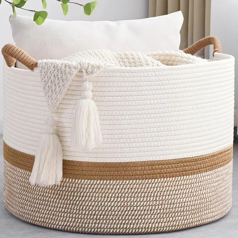 Woven Cotton Rope Storage Basket - Sustainable, Durable Rustic French Country Home Organizer Bin for Bedroom, 20 in x 13 in, 85L Round All-Seasons Organizer for Various Room Types, Clothes