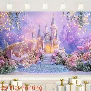 1pc Princess Castle Banner Glowing Fairy Like Border Pastel Colors Self Lit 2D Flat Print For Birthday Wedding Decorations Cake Table Photo Booth