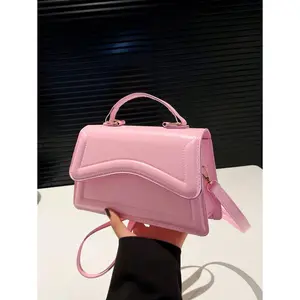 Women's Plain Casual Handbag - Small Square Solid Color Crossbody Shoulder Bag with Top Handle, Metal Hardware, Crossbody Shoulder Bags