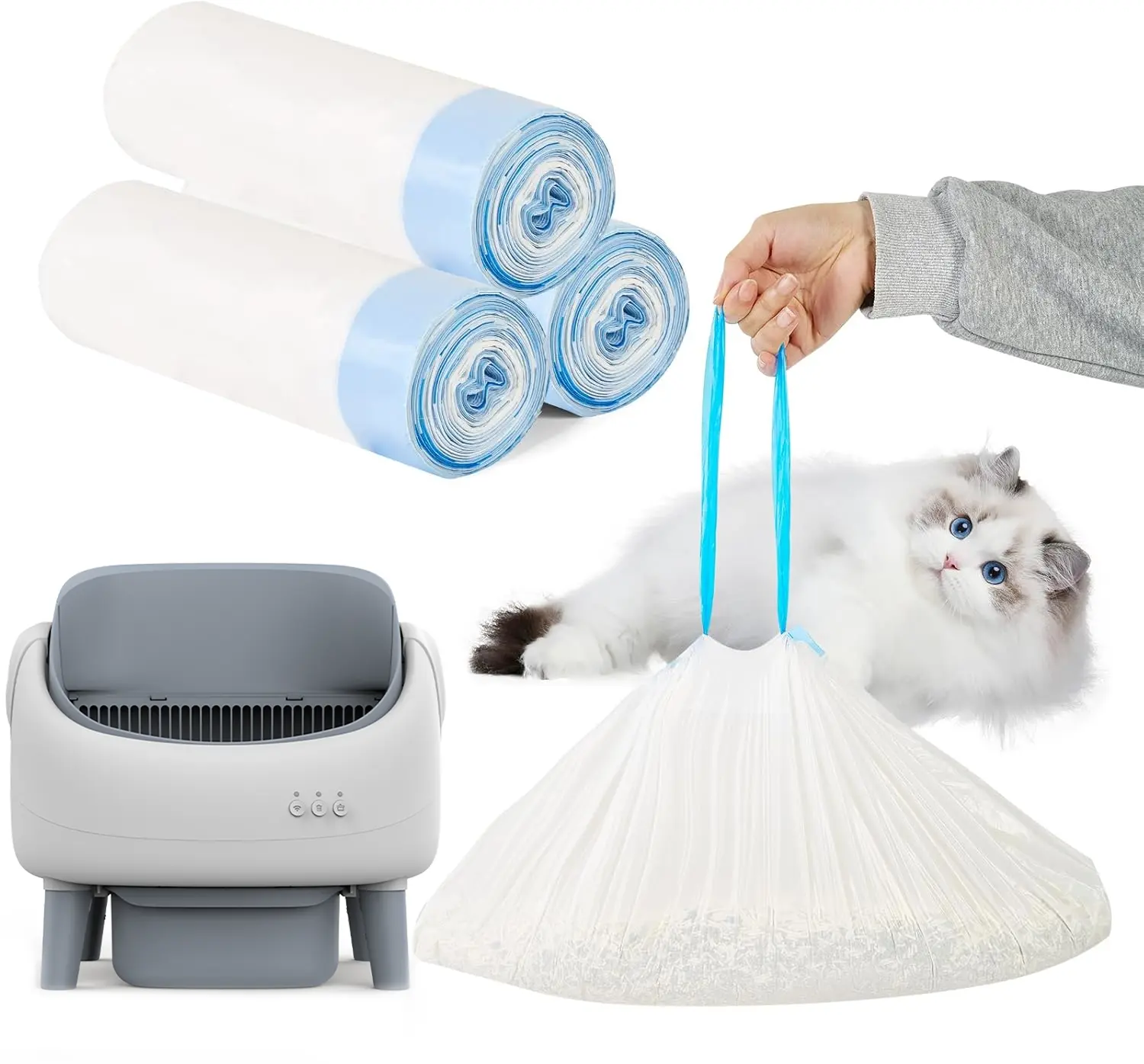 60 Count Cat Litter Box Liners for Automatic Self-Cleaning Litter Box, Heavy Duty Drawstring Waste Bags, Extra Thick Leak-Resistant Kitty Litter Bags, 17" x 26", 3 Rolls for Easy Cleanup