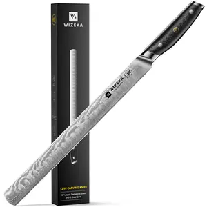 WIZEKA Brisket Knife,Ultra Sharp 12 Inch Damascus Slicing knife，Full Tang Carving Knife for Meat Cutting with G10 Handle，BBQ Knife，Great for Slicing Roasts, Meats, Fruits