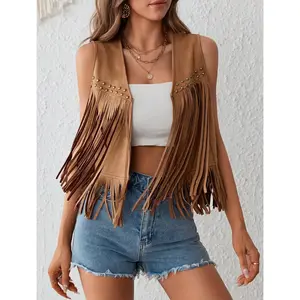 Women's Suede Tassel Vest 70s Hippie Outfit Sleeveless Open Front Vest Western Jacket