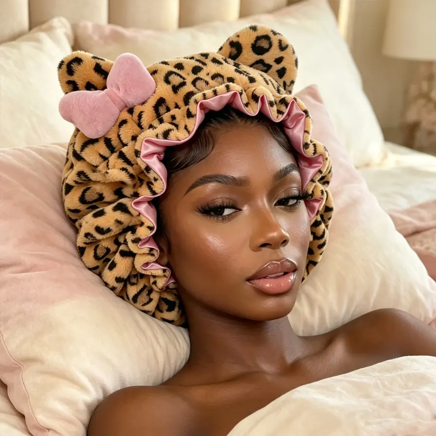 Luxury Kitty Teddy Bonnet-Adjustable,Daily Hair Care and Protection with SatinLining & Cute Ears No Frizz All ComfortStylish Curl Protection for Daily Hair Care Durable Halloween hair bonnet,Cute Comfortable