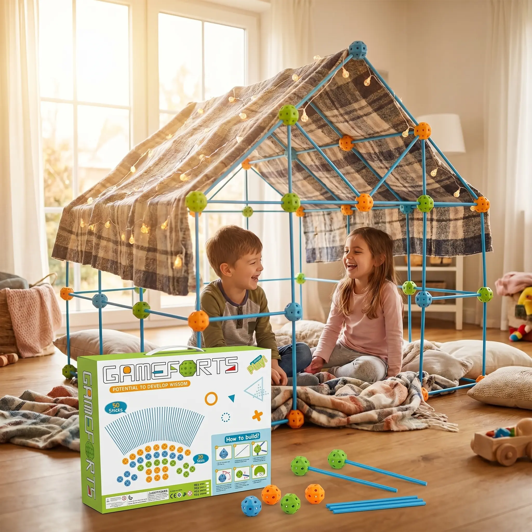 50pc DIY Variety Fort Building Kit for Kids - STEM Practice, Build & Explore Toys for Castles/Tunnels/Play Tents, Ideal Boy Gifts for 4-8 Year Old Boys & Girls, Creative