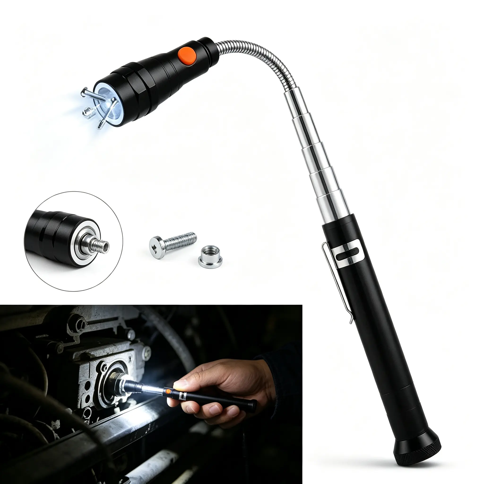 LED Telescopic Bendable Magnetic Work Light, Rechargeable Flashlight, Suitable for car Repair, Camping and Household use. (Black)