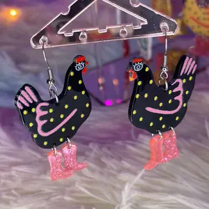Fun chicken with boots earrings