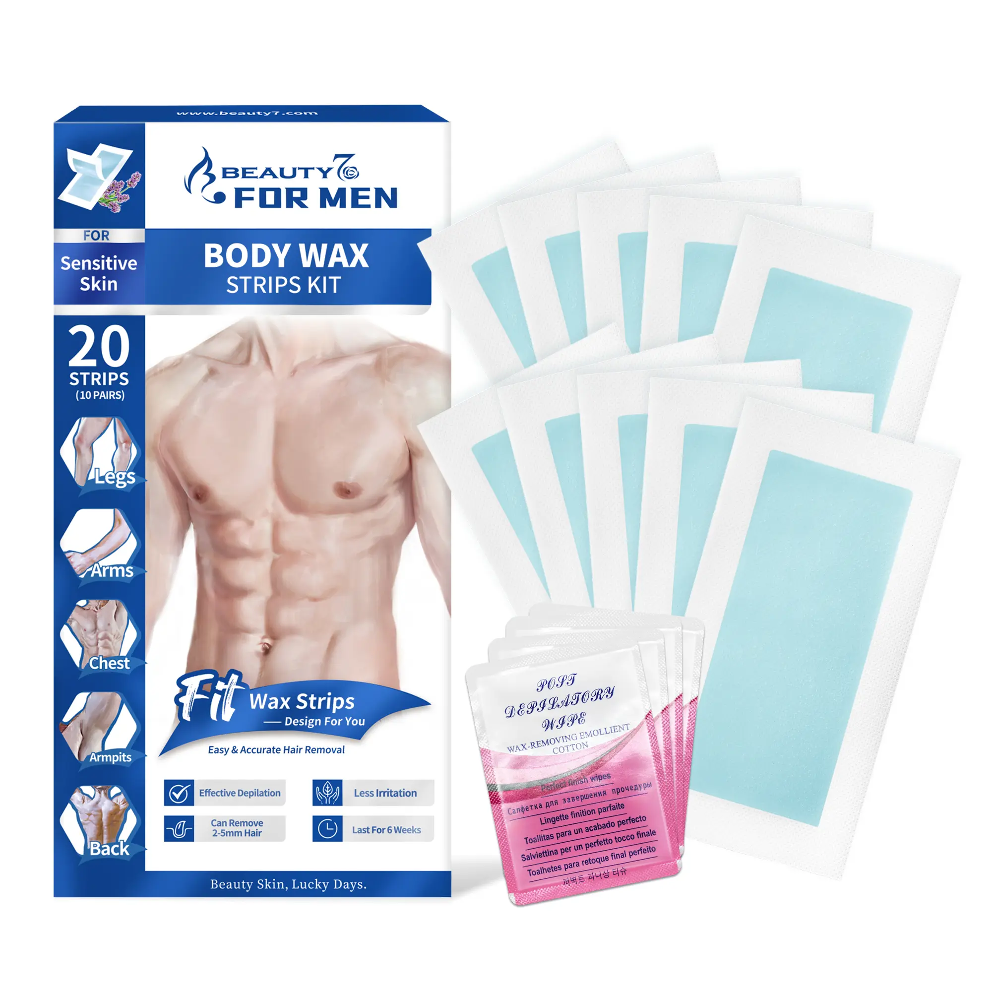 Beauty7 Men's Fragrance-Free Beeswax Waxing Kit - Double-Sided Cold Wax Strips for Smooth Hair Removal, Sensitive Skin Beauty Skin Care, 20 Strips, 4 Calming Oil Wipes, Gentle At-Home Face & Chest Use, Body Care