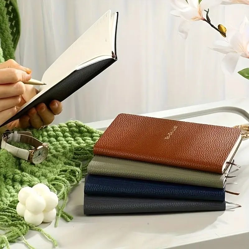 1. A6 size planner, featuring a timeline and check boxes for to-do items, with a PU (polyurethane) soft cover in lychee pattern, 2 ribbon bookmarks, compact and portable, available in multiple colors, suitable for work, study and daily use.