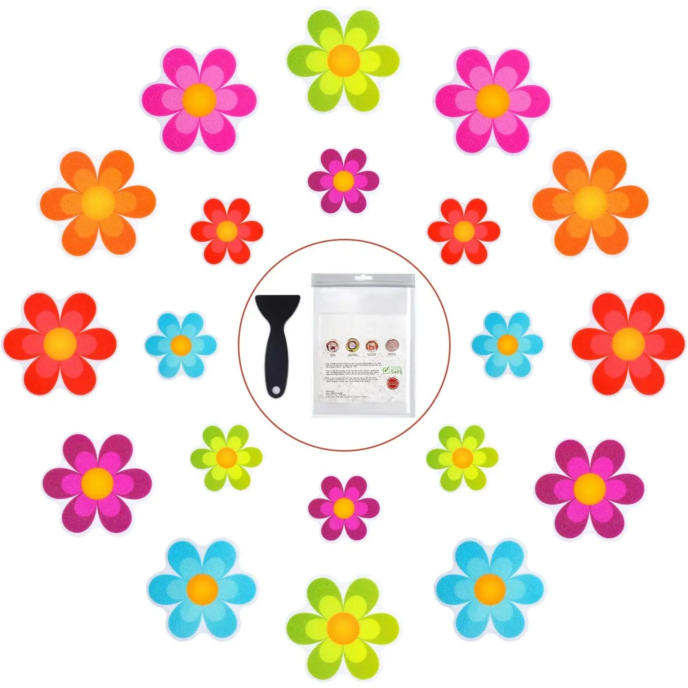 Colorful Synthetic Material Bright Non-Slip Bathtub Stickers Set - Durable Modern Adhesive Shower Treads Appliques with Scraper, Easy to Remove Bathroom Gadget Accessories