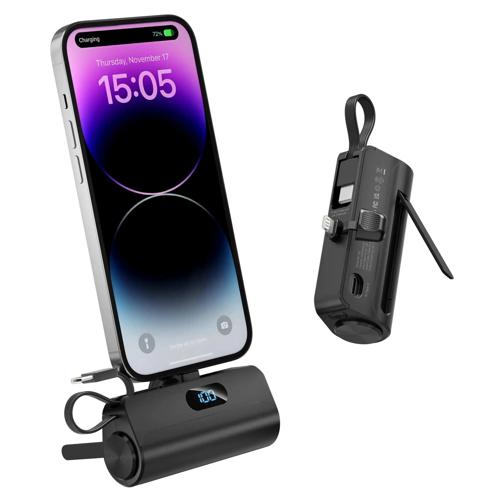 Portable Power Bank, 5000mAh Compact Power Pack with LED Digital Display Screen, Flashlight, Stand & Build-in Cable, Functional Type C, Suitable for Cellphone and Electronic Devices
