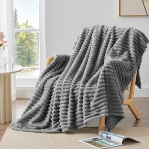 Fleece Cozy Blanket Soft Summervibes Warm Fluffy 3D Stripe Texture Microfiber Polyester Decorative Giftable Mother's Day gift