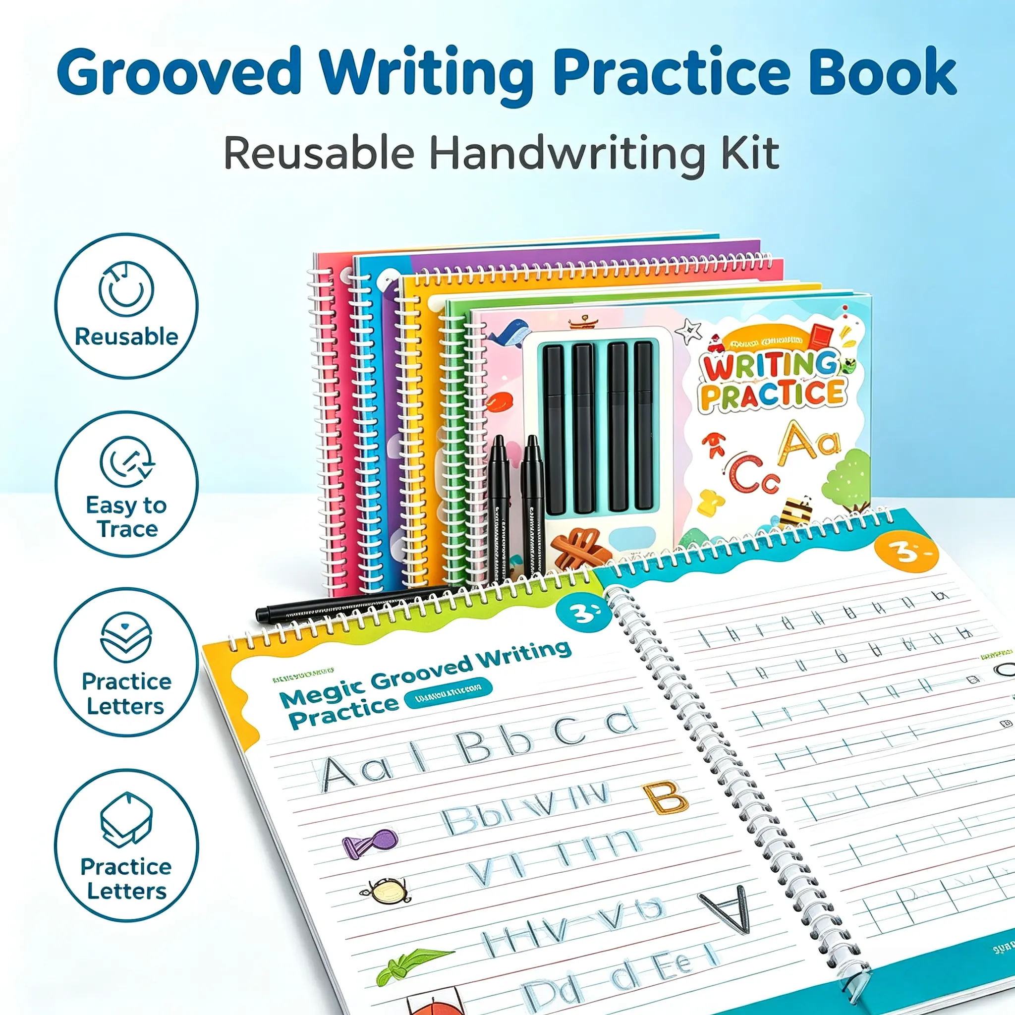 Magic Grooved Writing Practice Book, Reusable Handwriting Tracing Kit, Reusable Groove Letter Writing Workbook for Letter Tracing Training