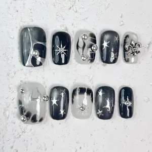 [Midnight Spark] Short Square Handmade Press on Nails, Fake Nails with Nail tool kit with Jelly Stickers, Reusable, Durable