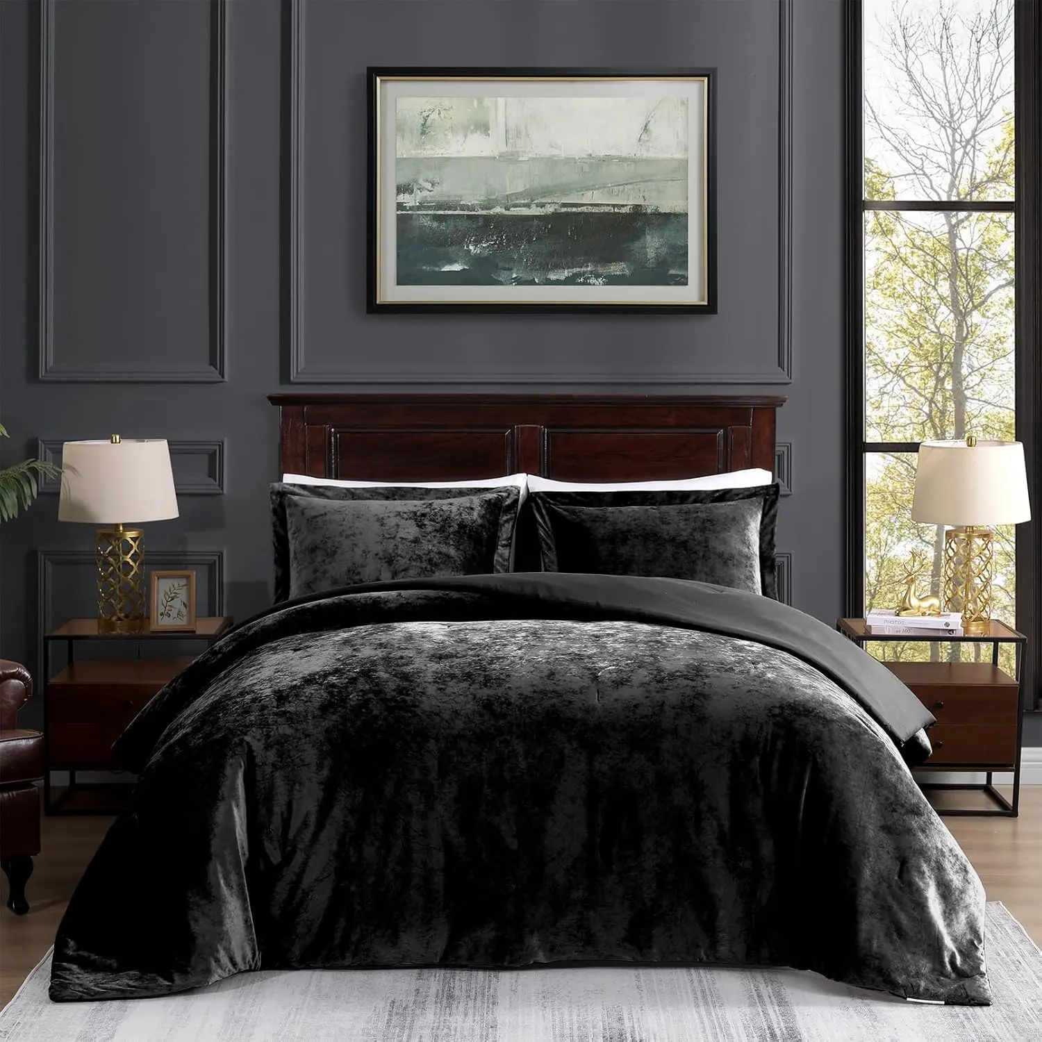 Crushed  Comforter, Black  Comforter Set, Luxury Soft  Bedding Set for All Seasons, 3 count Black Bed Set , 1 Comforter (92"x96") and 2 Pillow Shams (20"x26"+2")