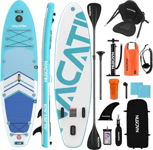 NACATIN Inflatable Stand Up Paddle Board for Yoga, ISUP Package W/Premium SUP Accessories & Backpack, Non-Slip Deck,Fins, Adjustable Paddle|surfboard, friends, camping, surfing, outdoors, wilderness, still water, lake, rush wave Springtok Blue White