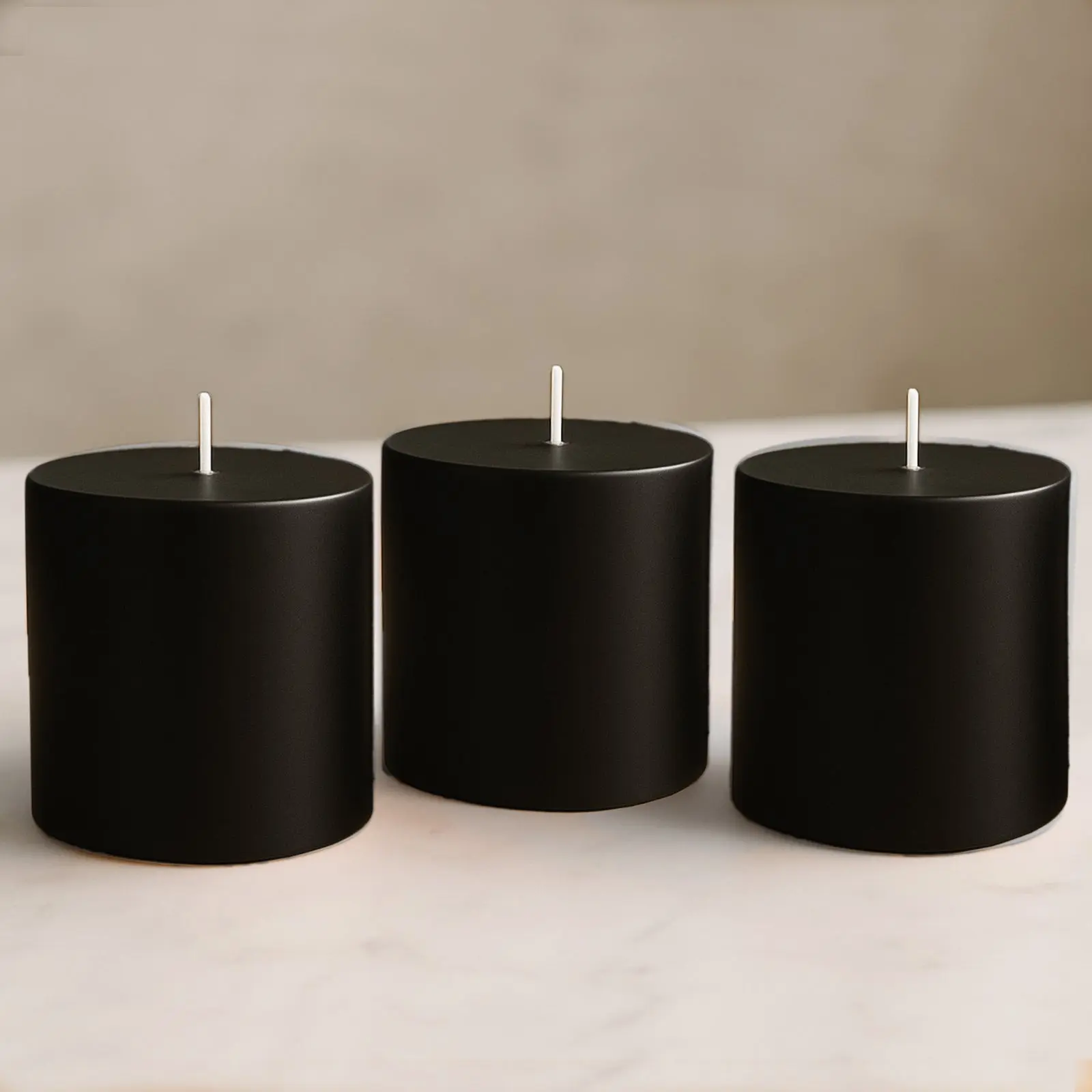 6-Pack Unscented Dripless Pillar Candles – 3"x3" Black Paraffin Wax with Smokeless Cotton Wicks, Clean & Long-Lasting 30-Hour Burn