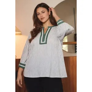 Kendall Striped 3/4 Sleeve Split Neck Top (S-3XL)