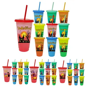 Halloween Color Changing Cups 24oz with Lids and Straws 710ml Reusable Tumblers for Party Favors Decorations Indoor Home Ideal Gifts Birthday Housewarming Christmas - Bottle