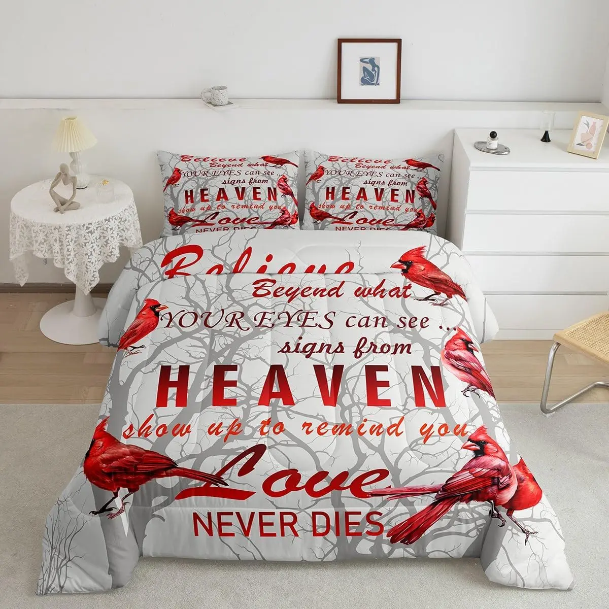 Super Soft Microfiber Cardinal Bird Designer Comforter Set - Farmhouse Red Birds Luxury Bedding, Tree Branches Decor Nature Bed Set, Bed Sets