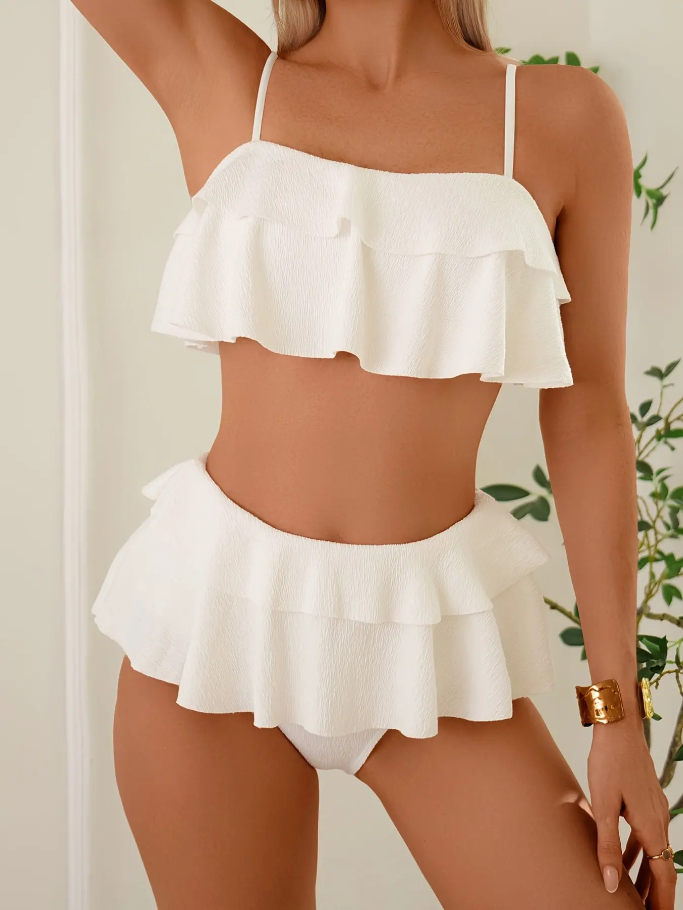Women's Two-Piece Plain Color Fashion Ruffle Bikini Set, High-Waisted Swimsuit, Ruffle Hem Swimsuit, Stylish Swimwear for Women, Beach & Pool Wear, Bikinis Set, Bikini Outfits